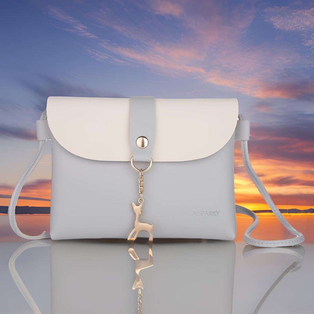 Women's Wallet, Color-Block Deer Charm Mini Wallet Crossbody Bag with Flap Closure and 2 Soft Color Options