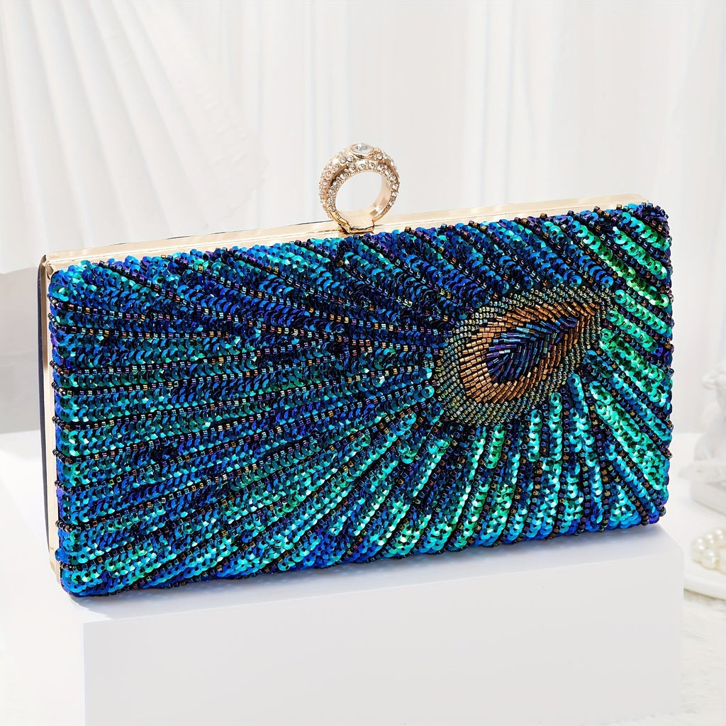 Women's Wallet, Peacock Feather Embroidered Envelope Clutch Bag with Chain Strap, Sequin Beading & 3 Colors