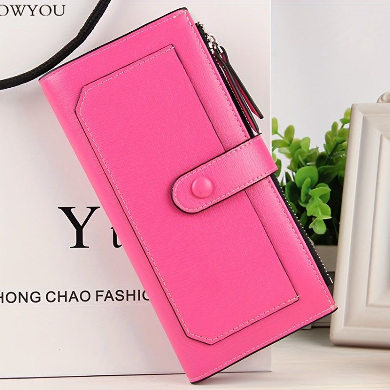 Large Bifold Wallet for Women in PU Leather with Snap Flap, Zipper Coin Pocket and 7 Colors