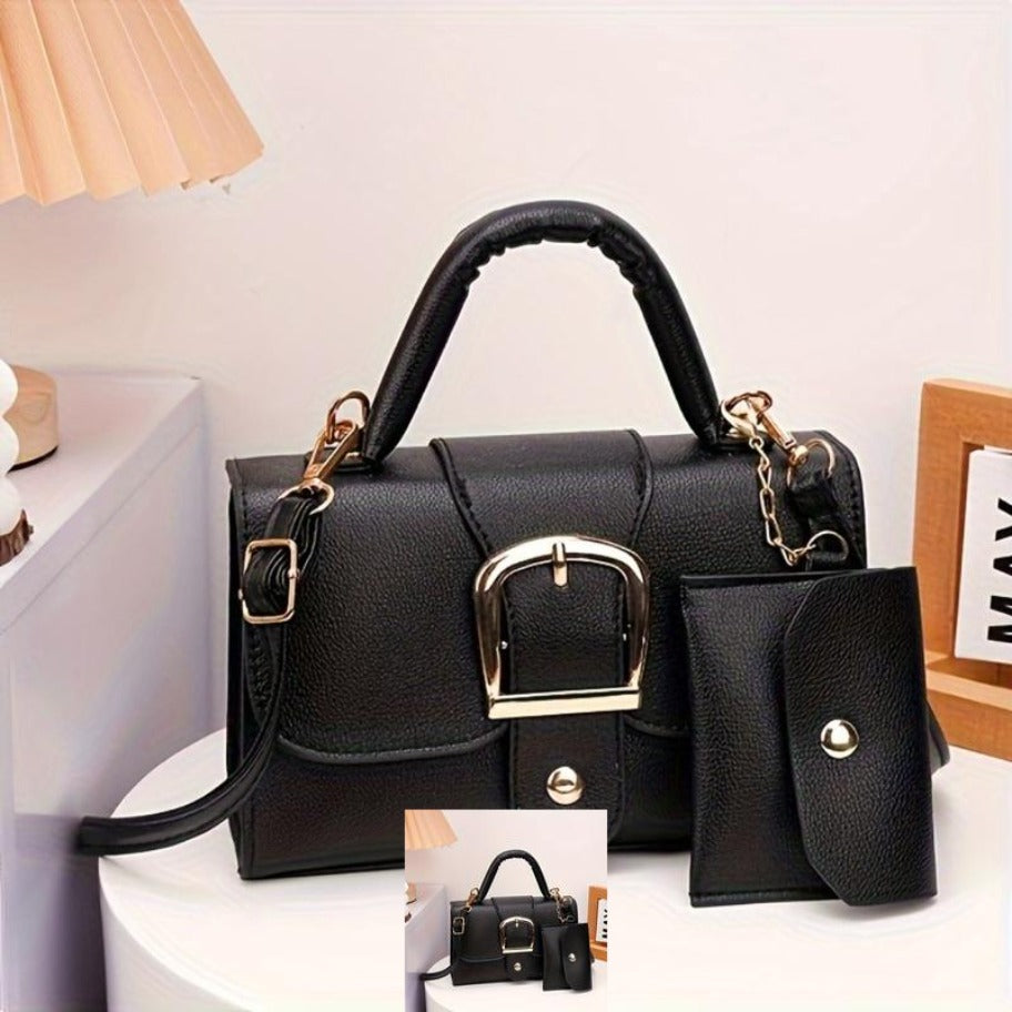 Women's Wallet, Textured Buckle Mini Satchel Wallet Set with Top Handle, Detachable Strap and Matching Coin Purse