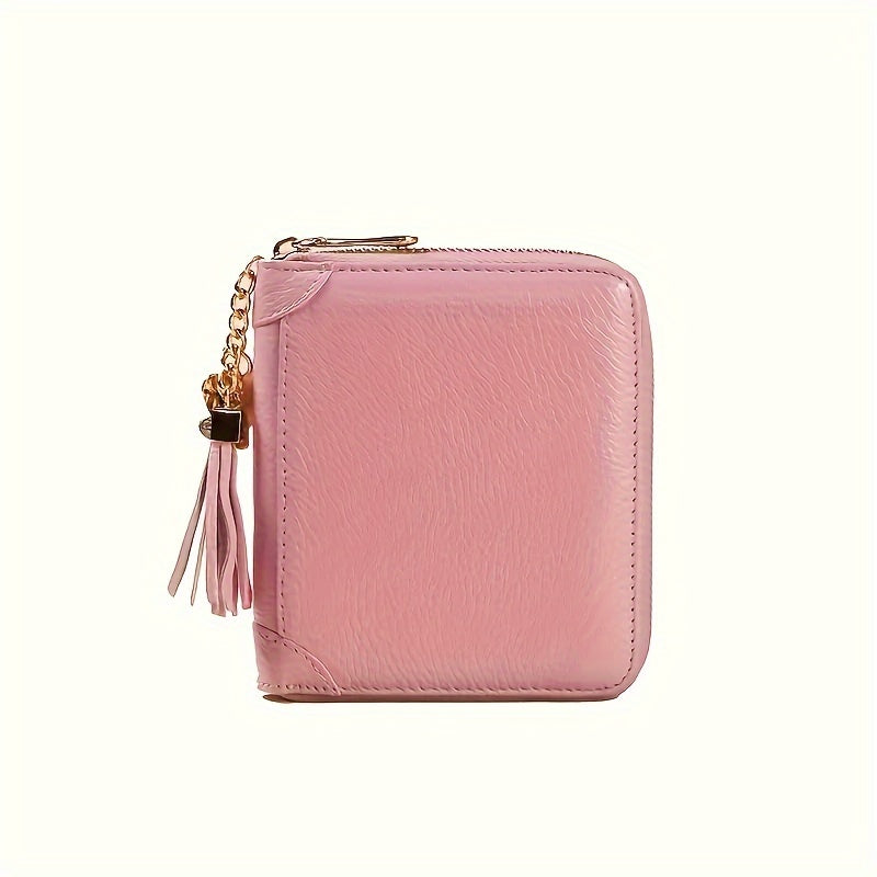 Women's Wallet, Compact PU Leather Zip-Around Wallet for Women with Tassel Pull, Coin Pocket and 2 Colors