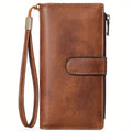Women's Wallet, Vintage PU Leather Long Wallet for Women with Snap Flap, Side Zipper, Wrist Strap and Gift Box