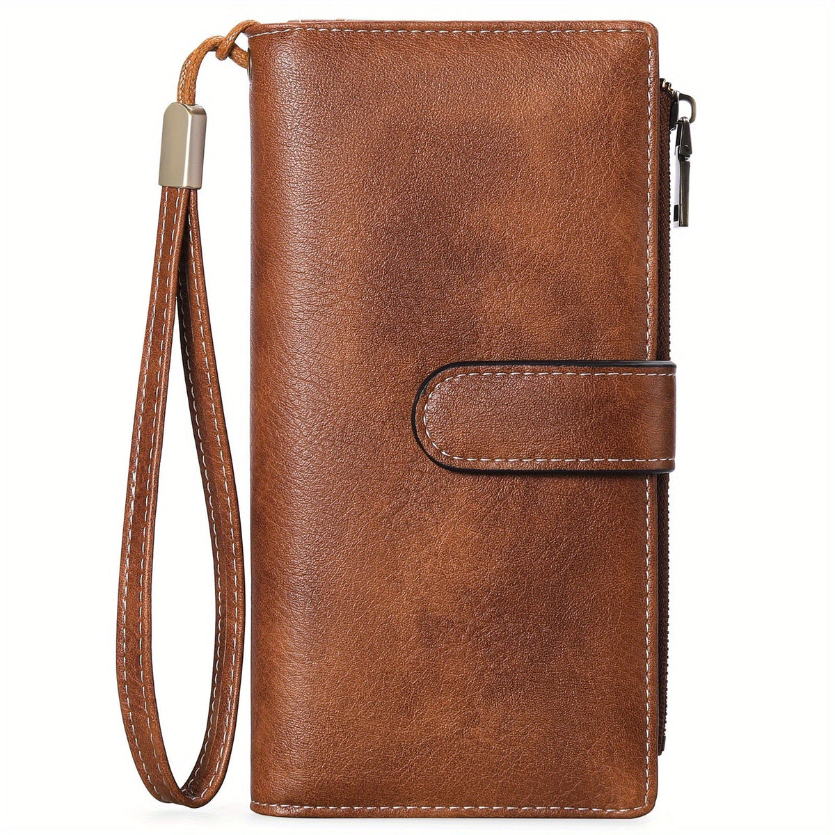 Women's Wallet, Vintage PU Leather Long Wallet for Women with Snap Flap, Side Zipper, Wrist Strap and Gift Box