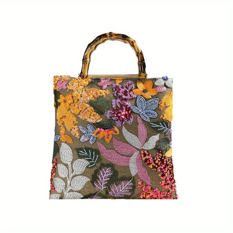 Women's Wallet, Bamboo-Handle Embroidered Tapestry Tote Bag with Sequin Details, Buckle Top & Multicolor Print