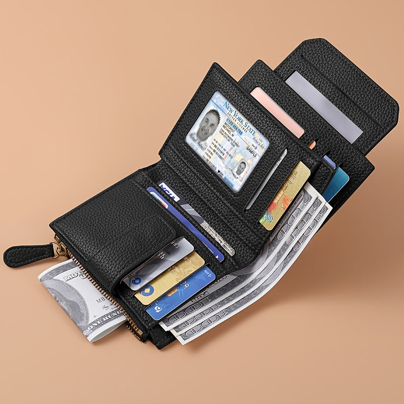 Slim Bifold Wallet for Women with 4 Clear ID Windows, Card Slots, Zip Coin Pocket & 2 Colors