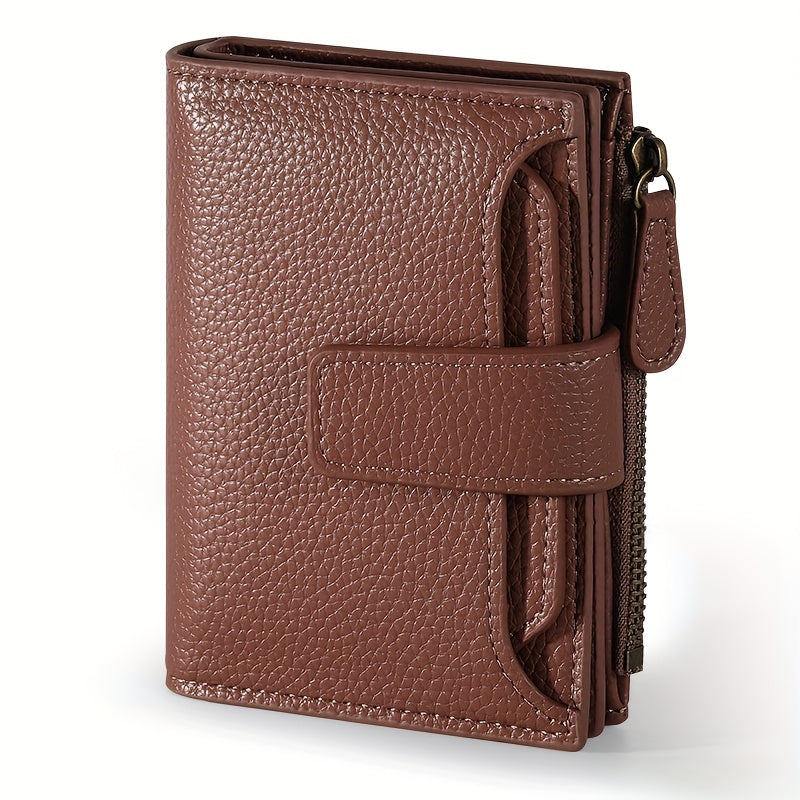 Women's Wallet, Compact Pebbled Bifold Wallet for Women with Snap Flap, Side Coin Zipper and ID Windows