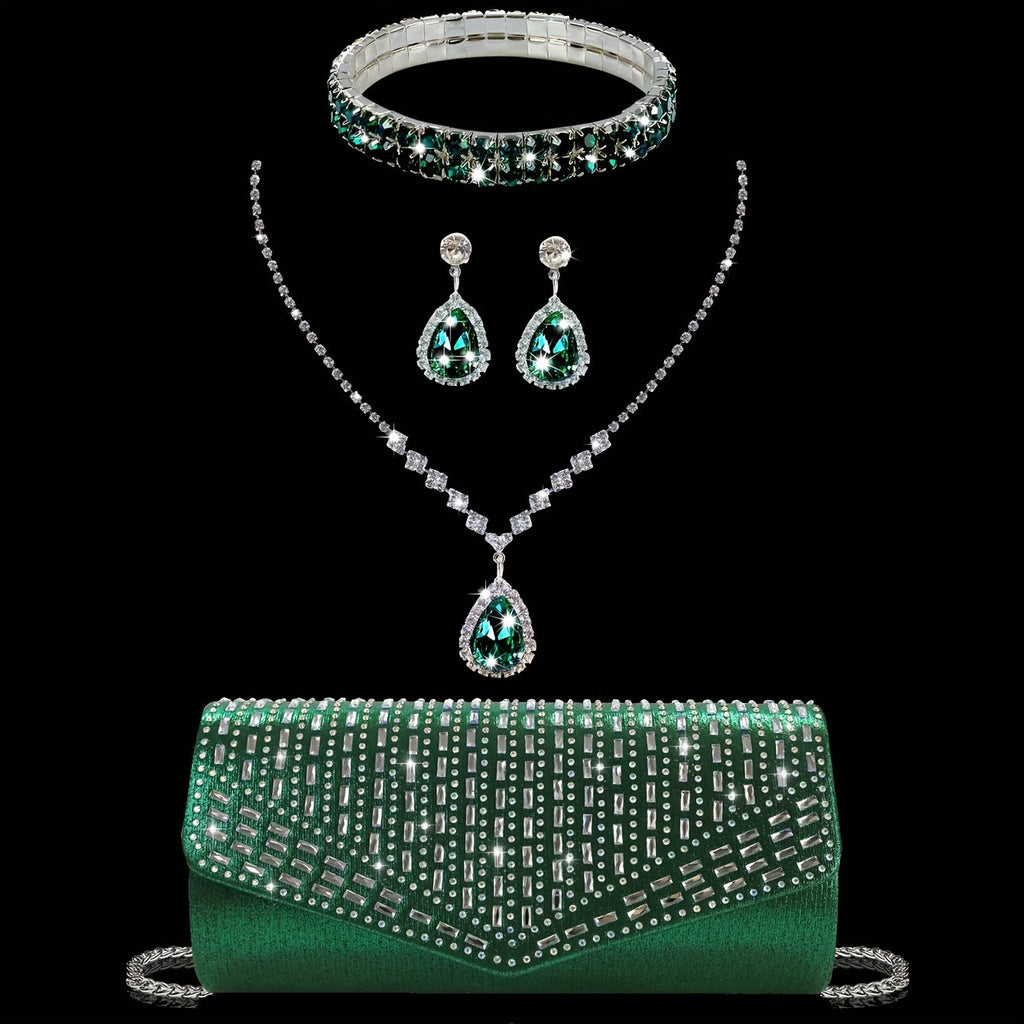 Women's Wallet, Rhinestone Box Evening Clutch Jewelry Set with Necklace, Earrings, Bracelet, Chain & 3 Colors
