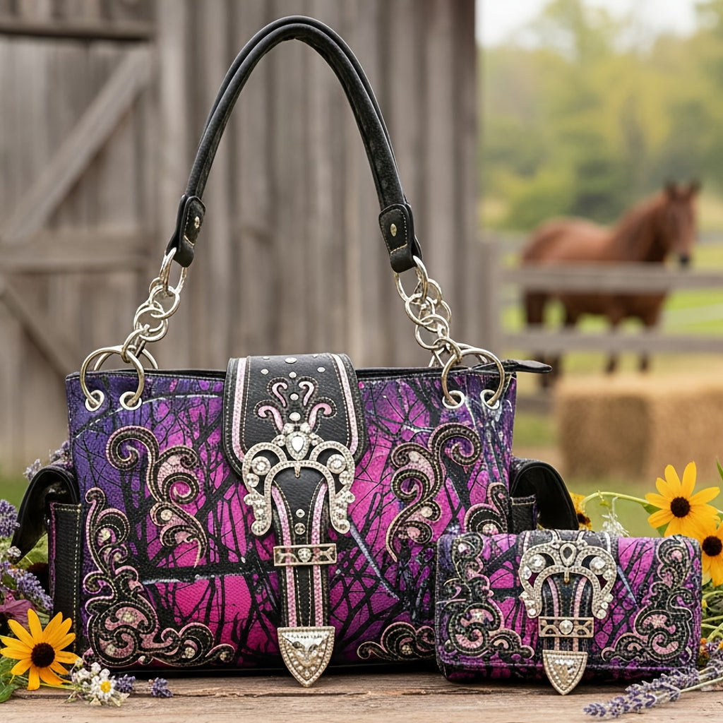Women's Wallet Western Embroidered Wallet and Shoulder Bag Set with Silver Buckles, Chain Details and 3 Colors