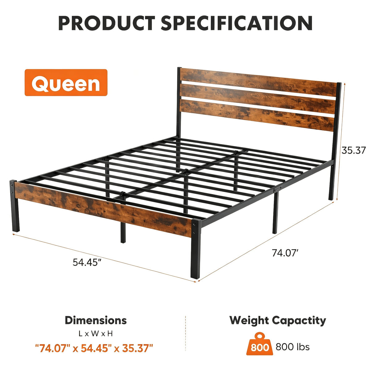 Wood Metal Bed Frame with Headboard and Footboard and No Box Spring Needed