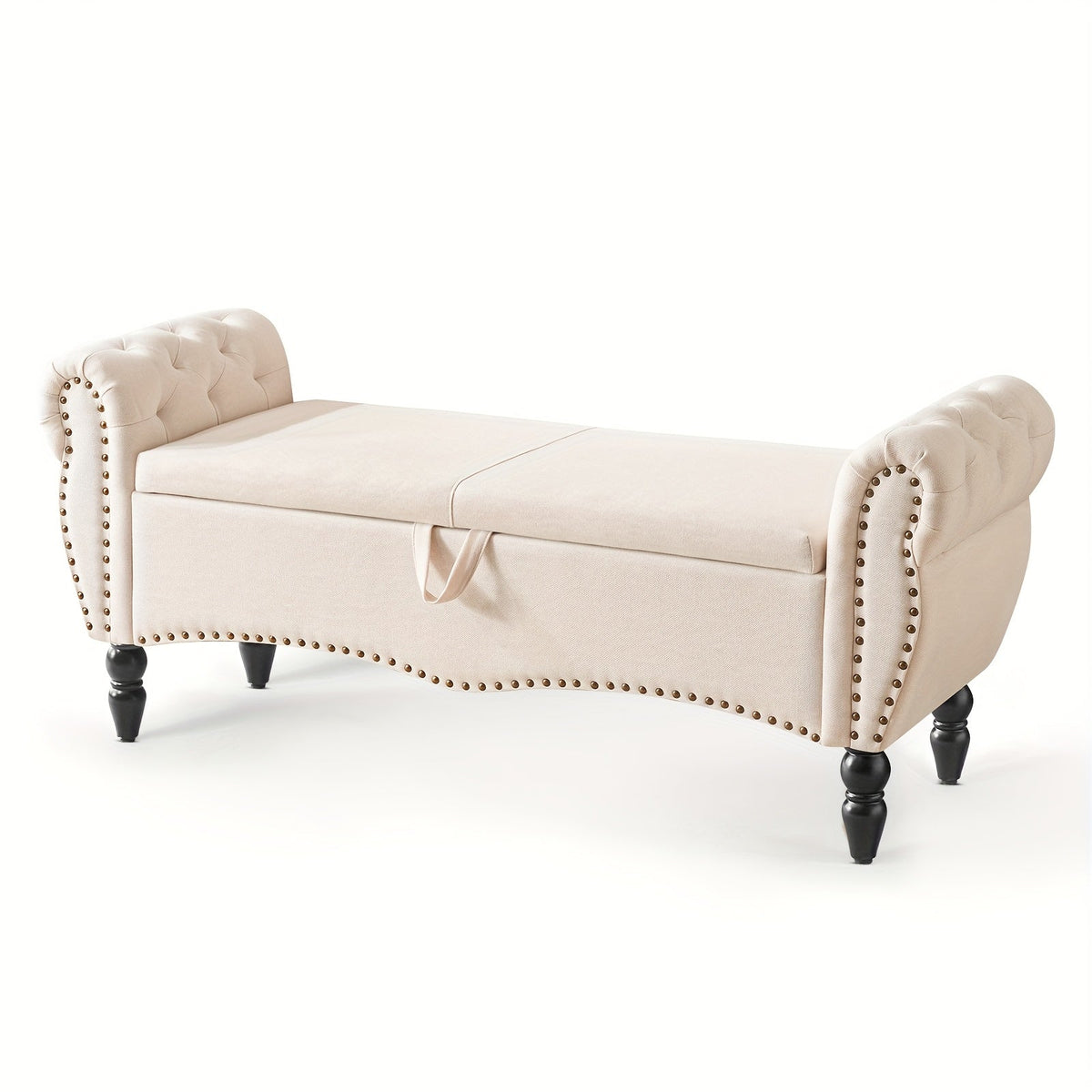 Linen Storage Ottoman Bench with Roll Arms, Flip-Top Compartment and Beige or Light Gray Finish