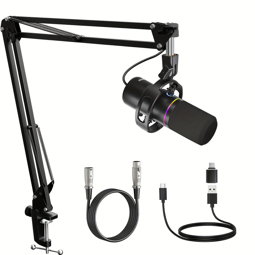 XLR and USB Dynamic Microphone Kit with Noise Control and Boom Arm