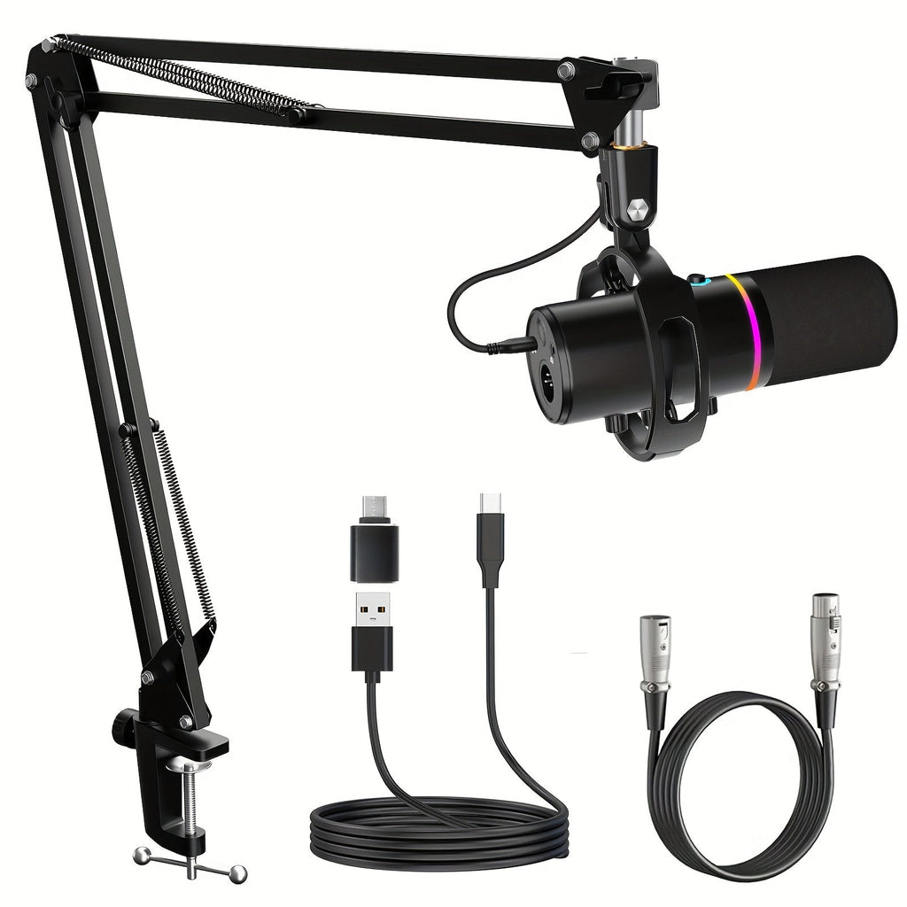 XLR and USB Dynamic Microphone Kit with RGB, Software and Boom Arm